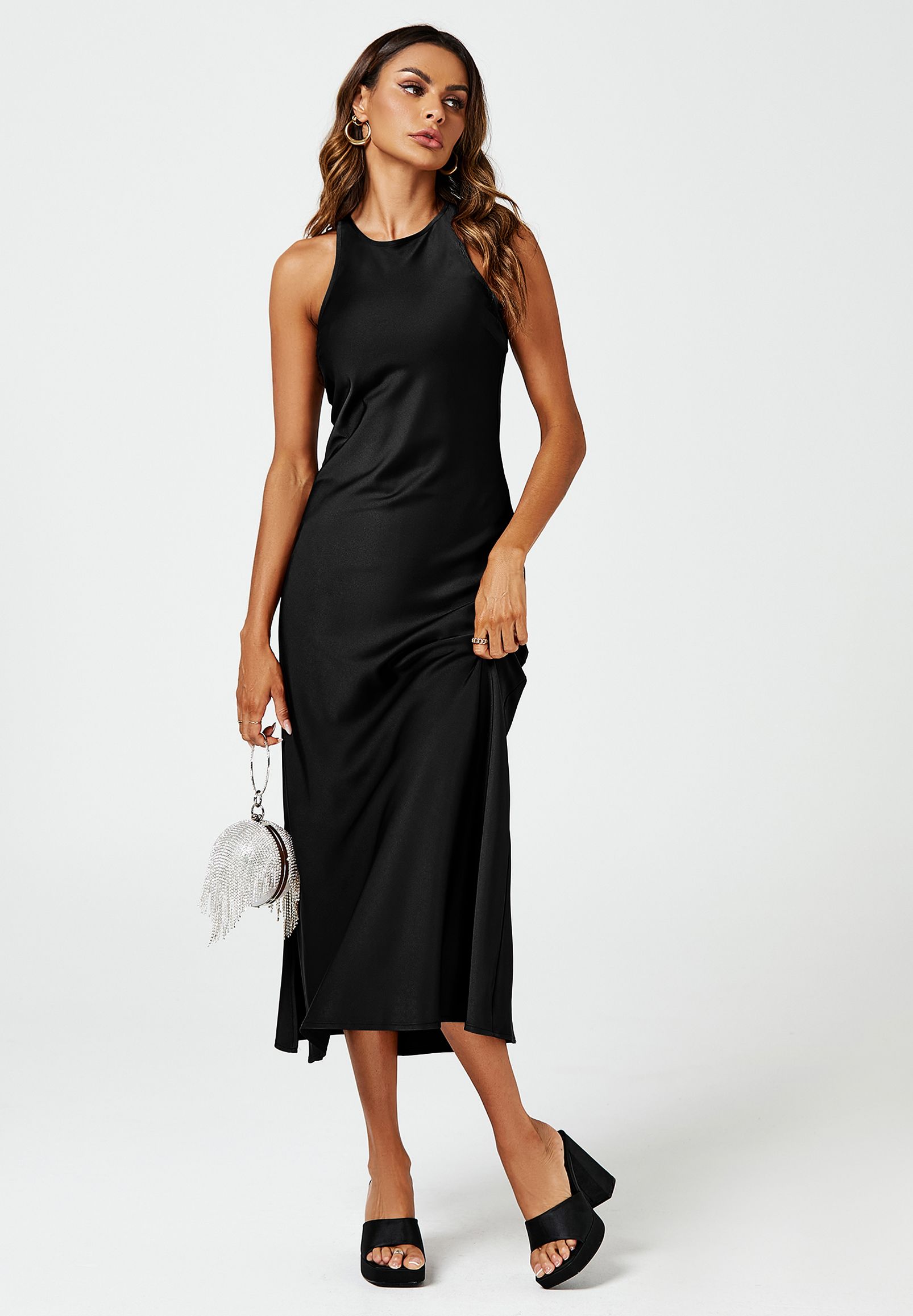 FS Collection Slim-Fit Satin Midi Dress In Black