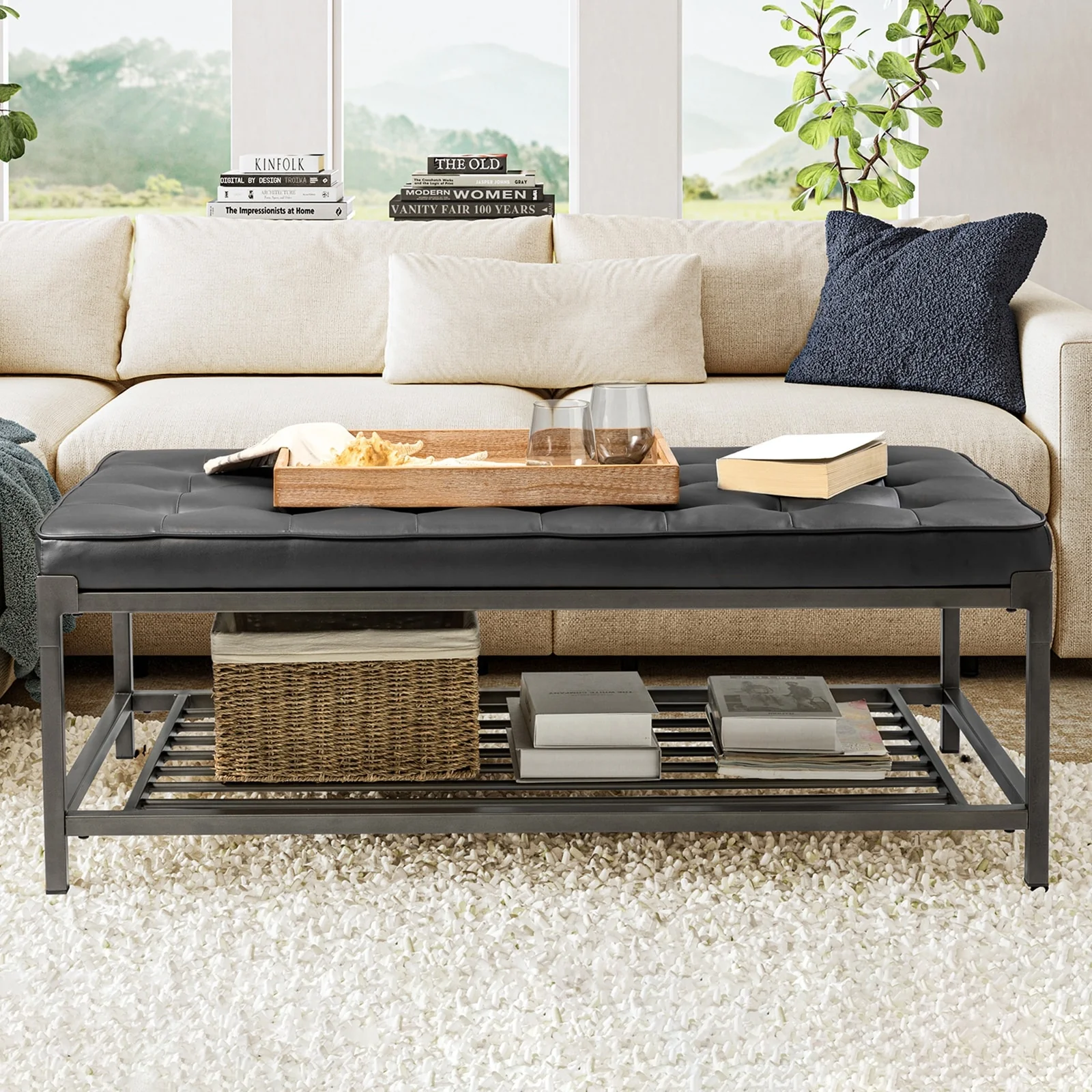Sara Modern Tufted Open Storage Coffee Table With Metal Base By HOLALA HOME