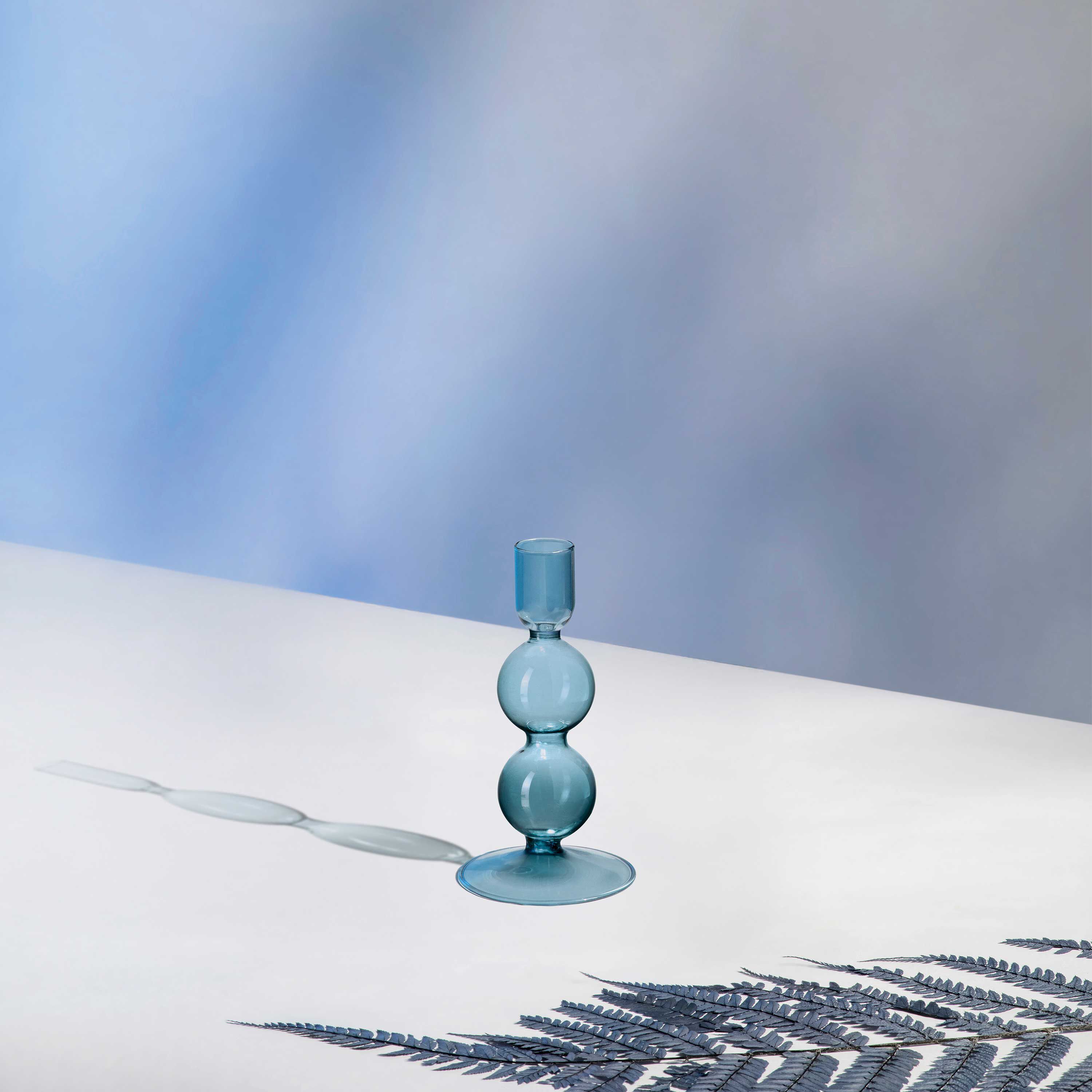 Like Home Candlestick holder - Blue, 3'' x 3'' x 5.4'', borosilicate glass