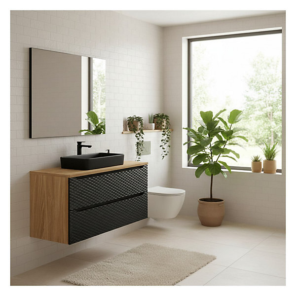 Ensemble de salle de bain YOKA noir : meuble sous vasque à tiroirs 120 cm et plan pour vasque et vasque à poser