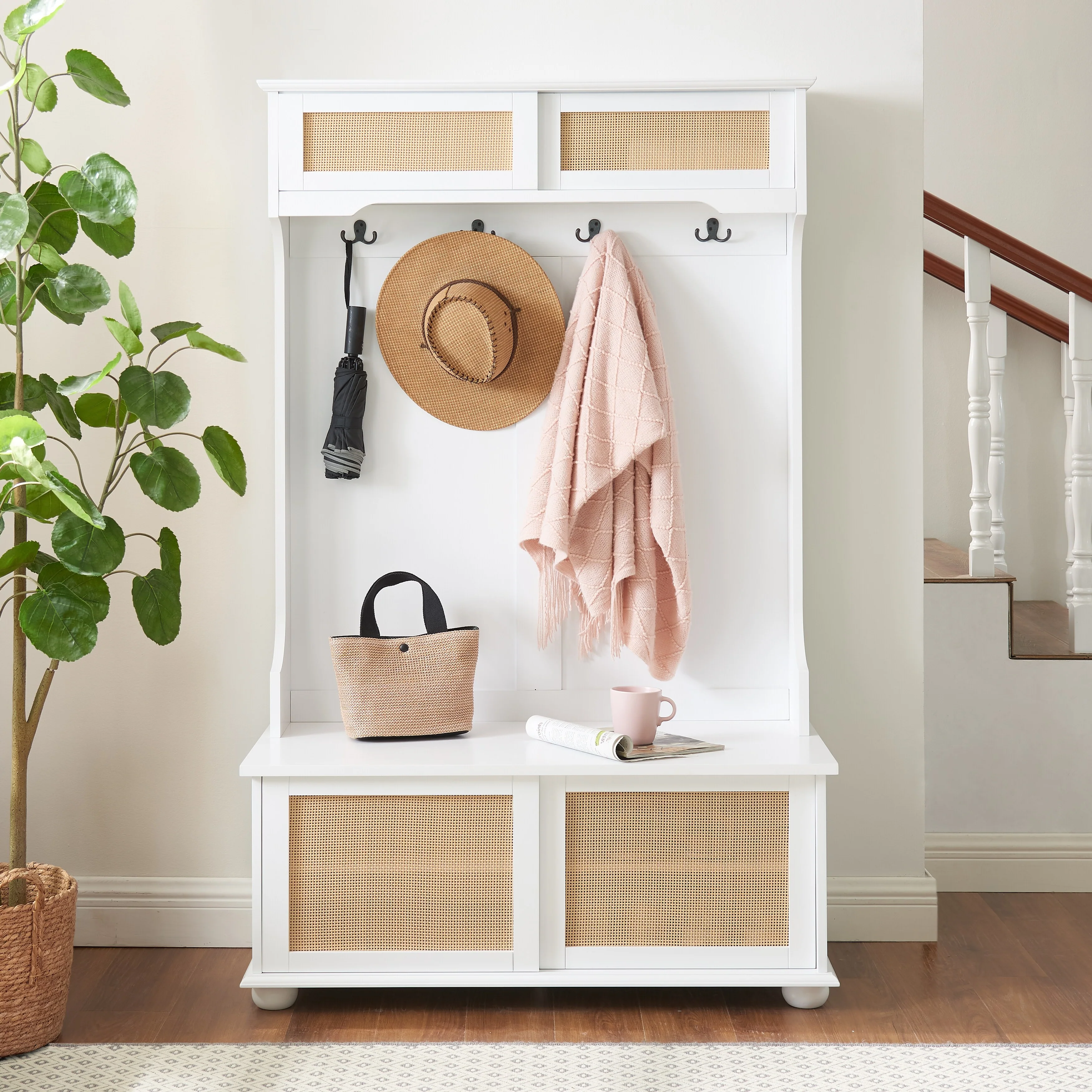 Clothes Hanger Hall Tree Storage Bench with Shoe Rack for Entryway, Hall Tree with Bench and Shoe Storage
