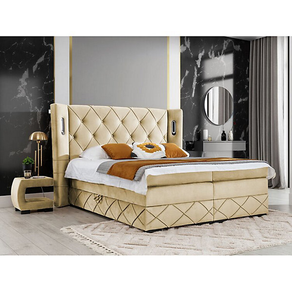 Lit continental Baltimore 187, Double, Brun clair, Tissu, Disponible