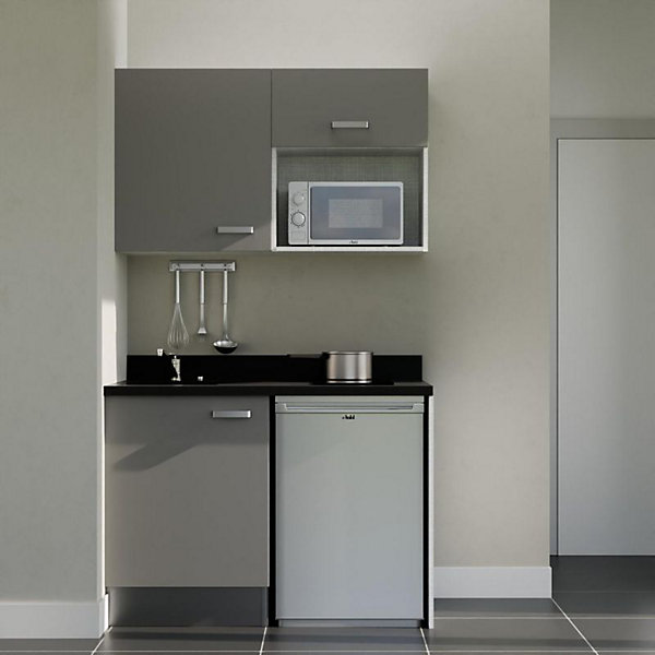Kitchenette K07 - 120 cm - façades Gris - Plan monobloc en quartz coloris Nero évier à gauche - Electroménager Inox