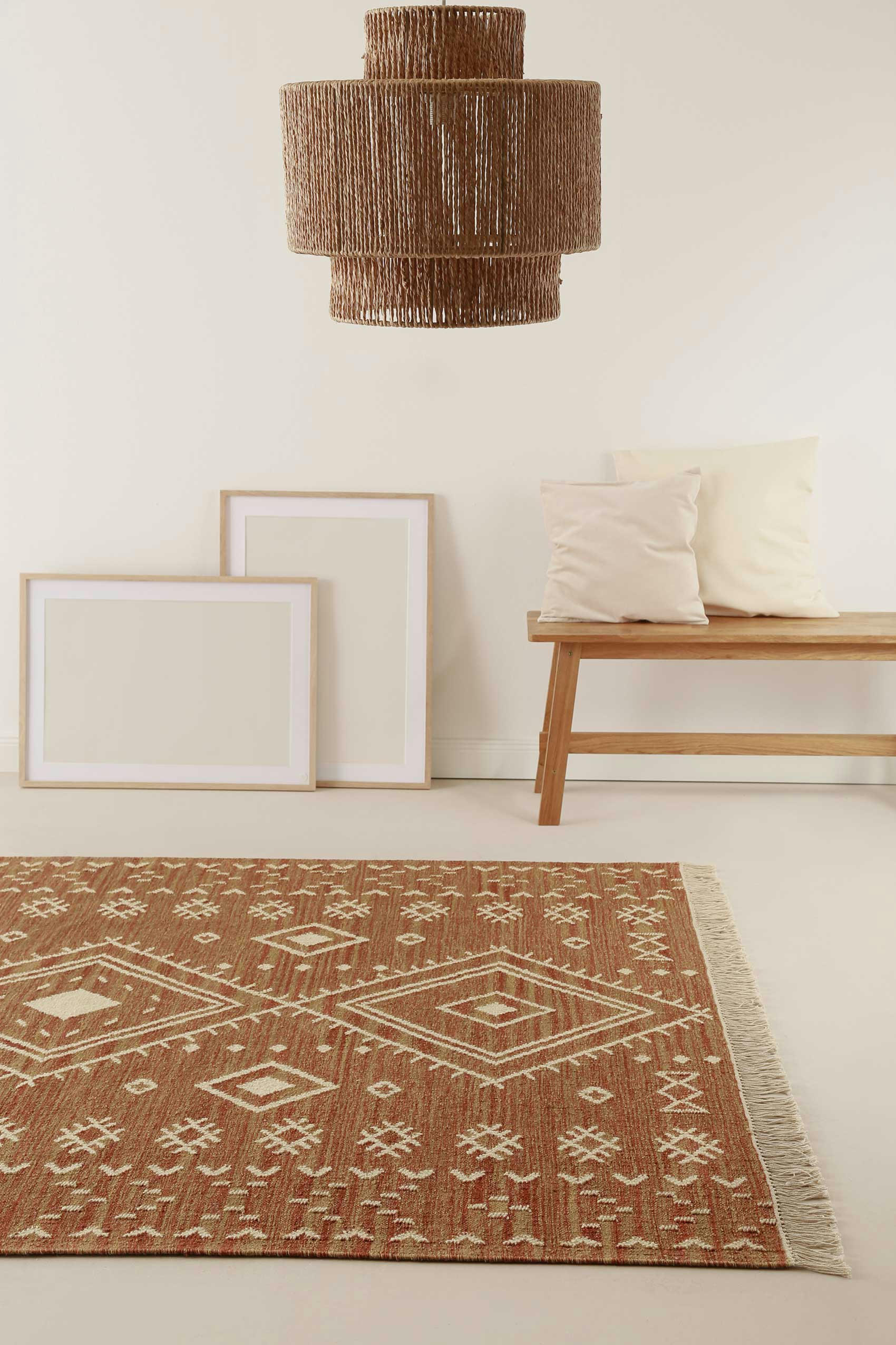 MONACO - Tapis ethnique tissé main laine et coton brique beige 80x150