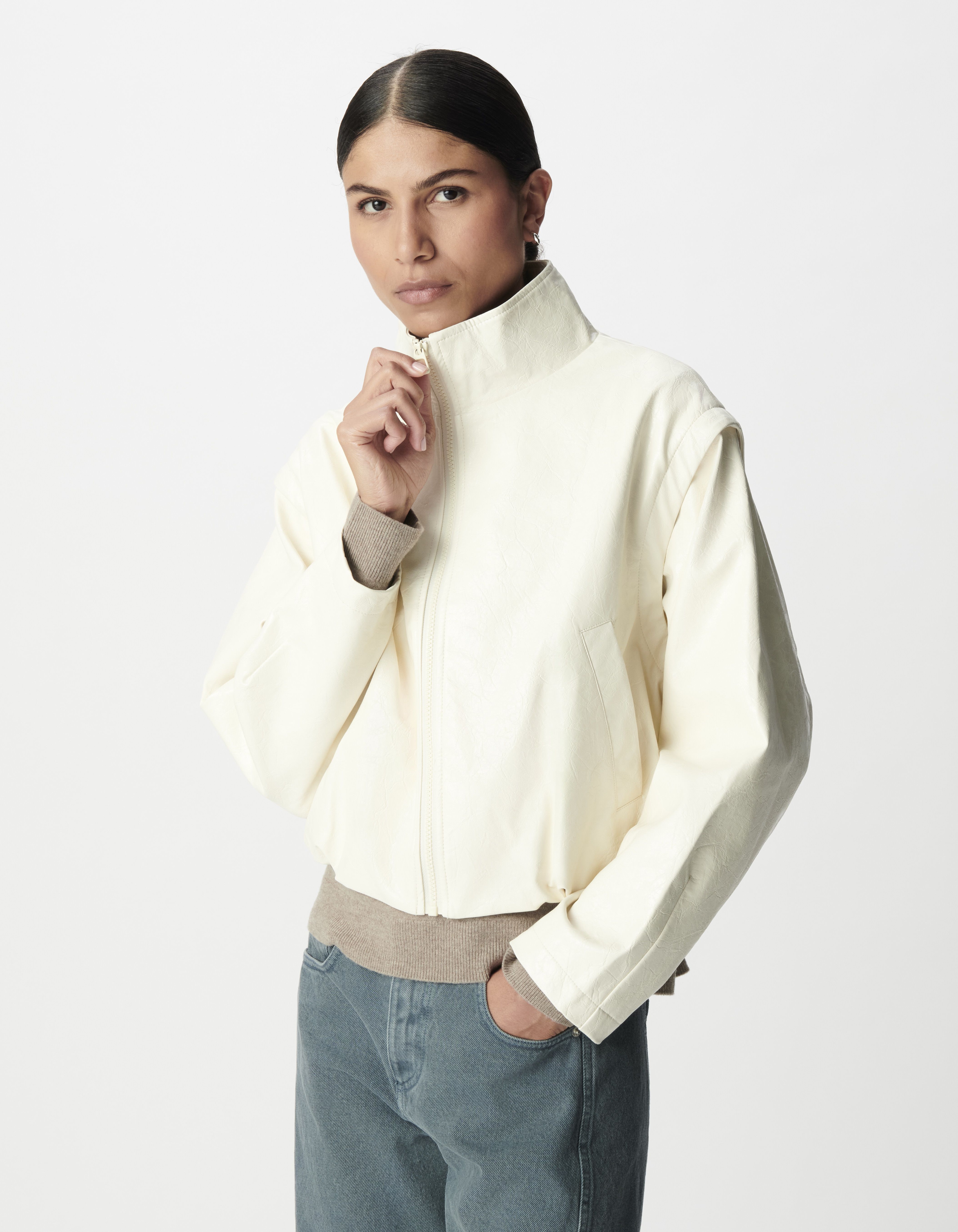 Blouson court blanc esprit rock manches amovibles Femme