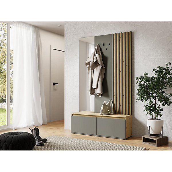 Meuble dentrée avec porte-manteau et miroir 120 cm - chene clair et gris anthracite - Collection NEMO