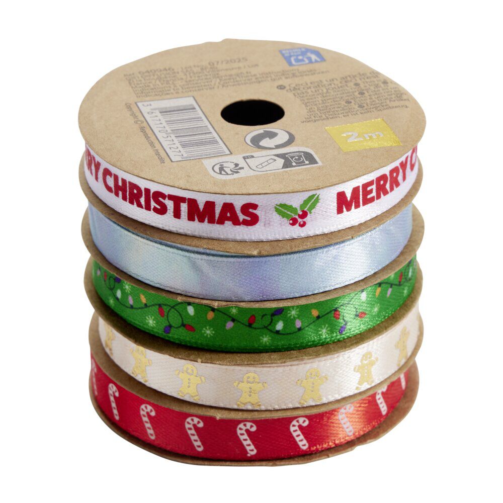 Ruban No&euml;l x5 en tissu thème traditionnel rouge vert bleu 2m
