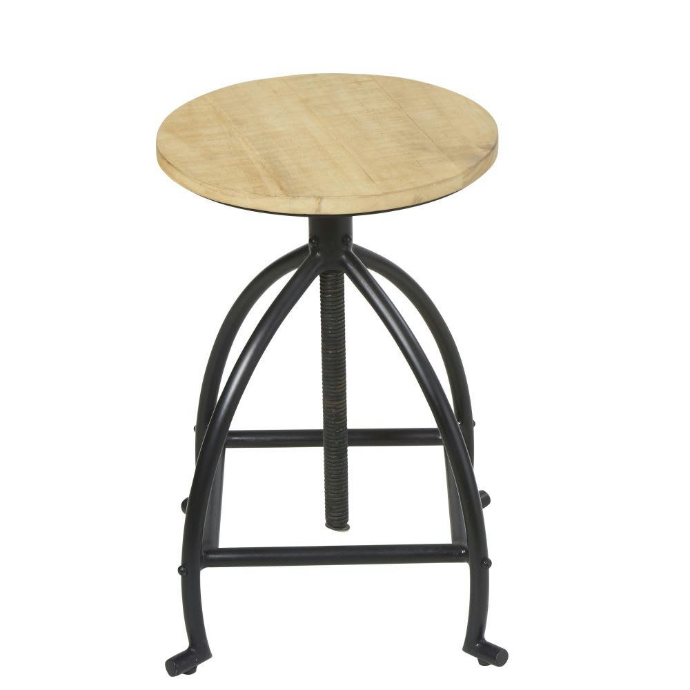 Colombus - Tabouret industriel réglable en métal noir et pin recyclé