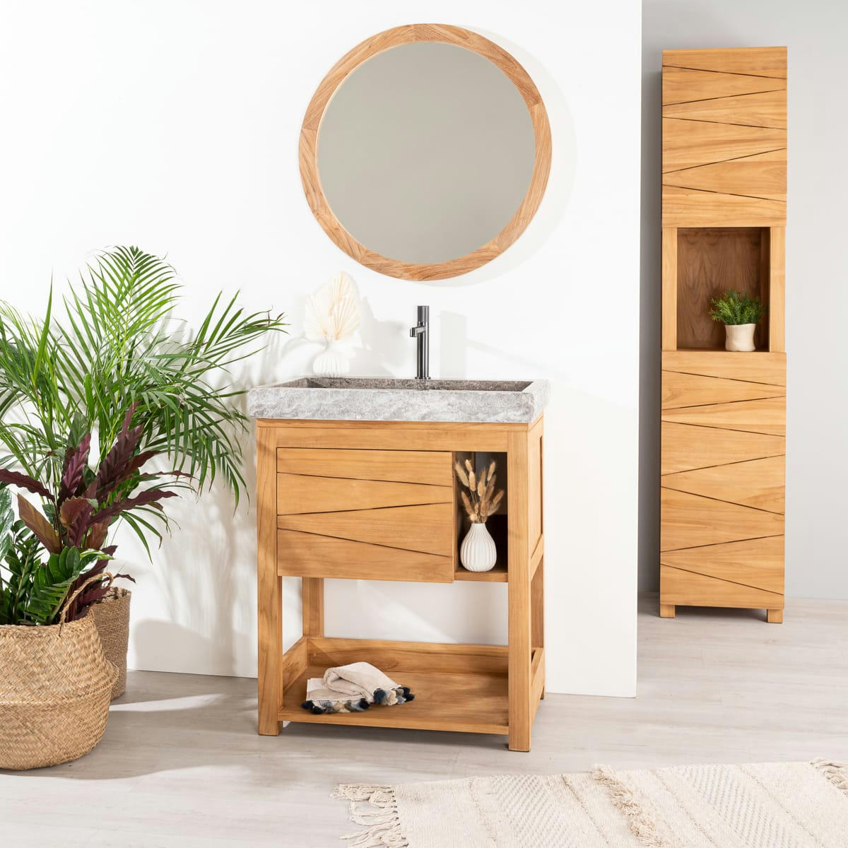 - Meuble de salle de bain en teck et vasque marbre gris L67cm