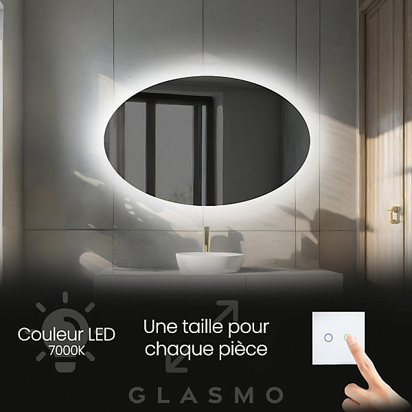 Miroir avec LED Illumination Salle de Bain - Mila, 80x50 cm, Miroir Mural Avec éclairage, Blanc Froid 7000K