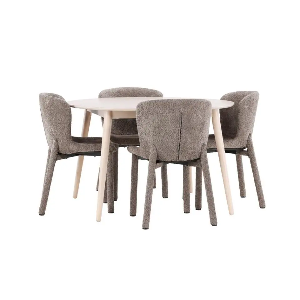 Hioshop Flora eethoek tafel &Oslash;120cm en 4 stoelen whitewash- bruin
