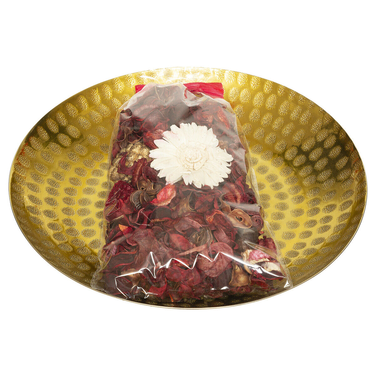 Pot-pourri frutos vermelhos com prato de metal dourado