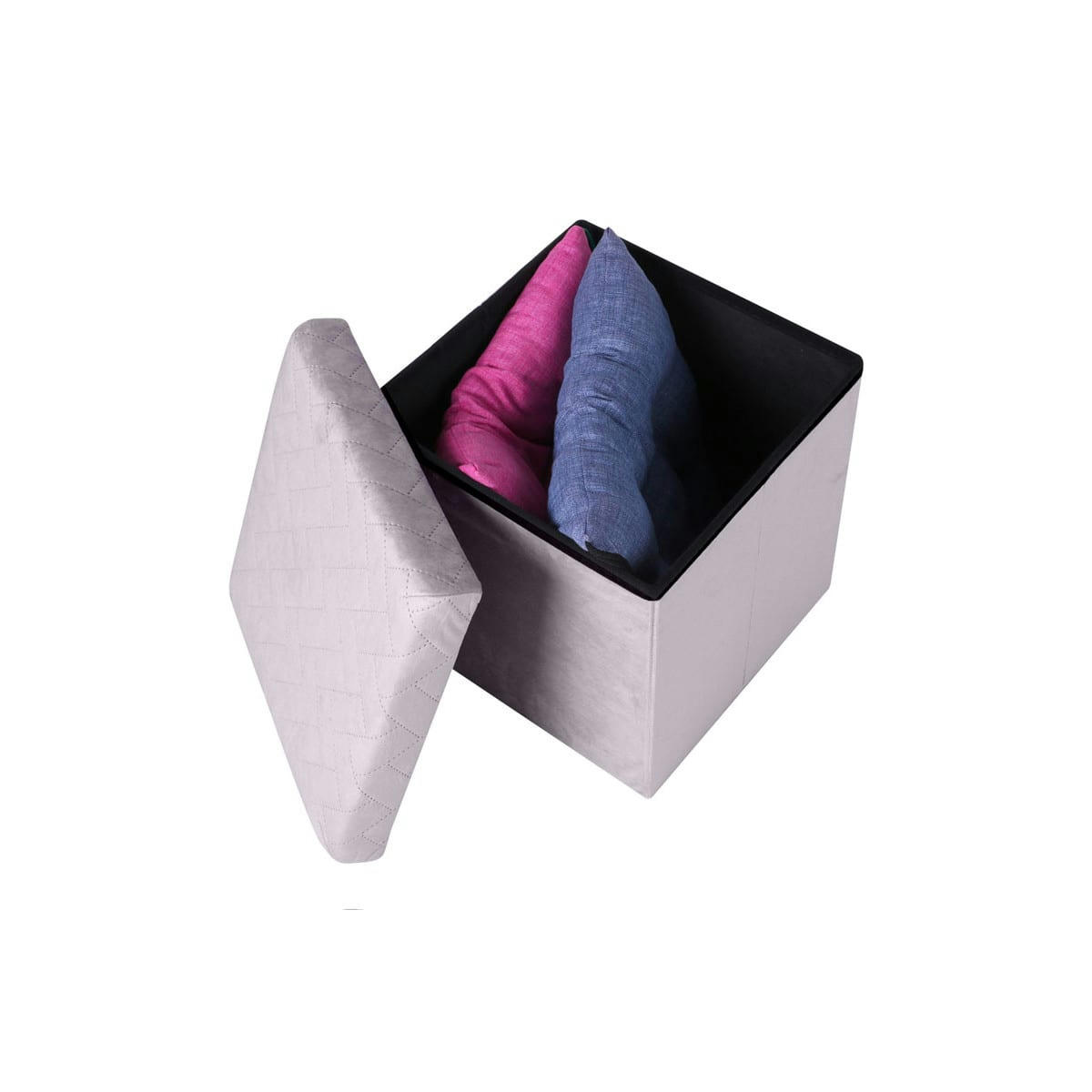 - Pouf coffre de rangement velours gris clair - 37.5x37.5x37.5cm