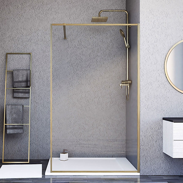 Paroi de douche 120x200 cm verre anticalcaire 6mm avec barre de fixation et cadre complet en aluminium Or Brossé ESSEBAGNO Square
