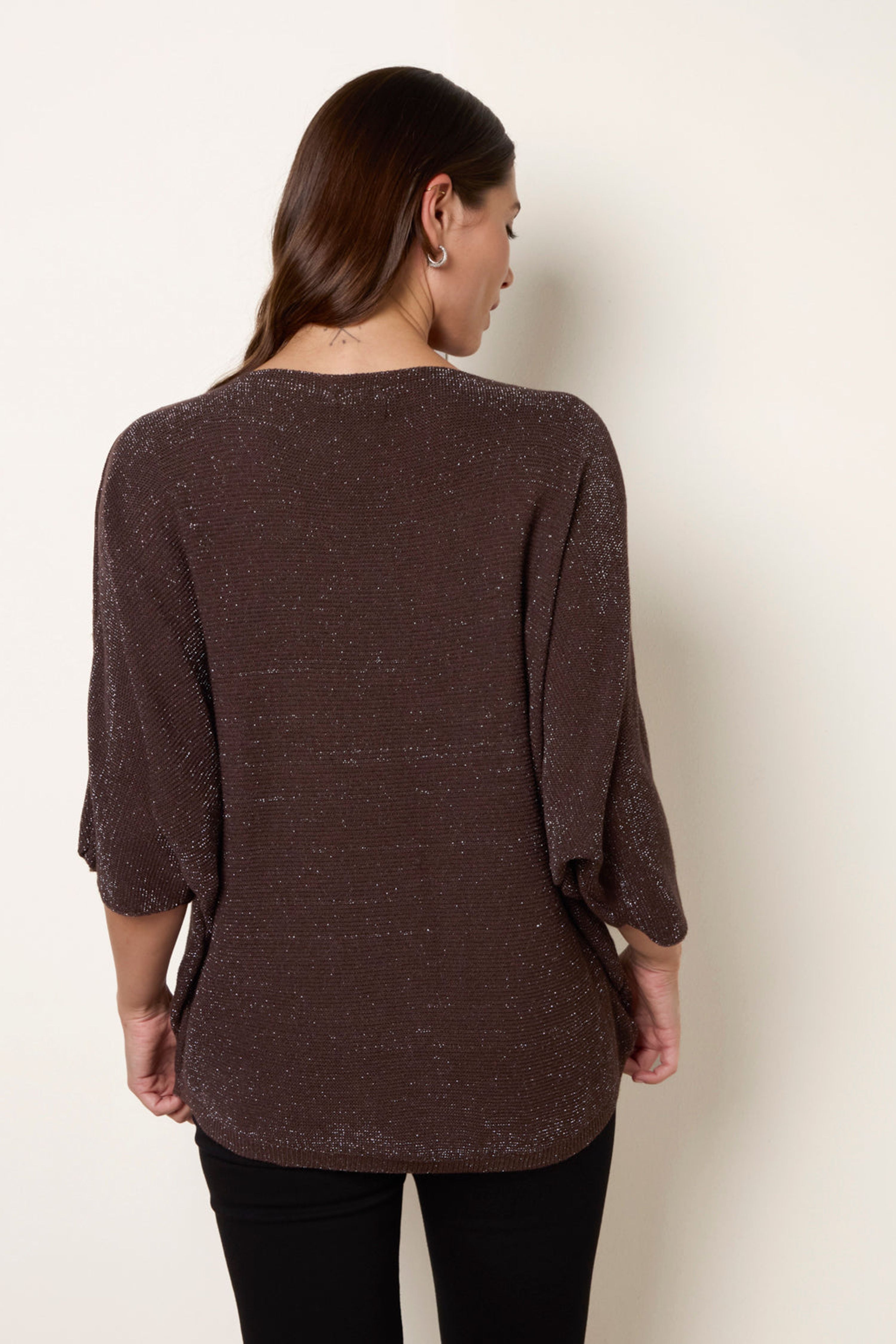 Blue Vanilla Brown Metallic V Neck Knitted Ripple Jumper