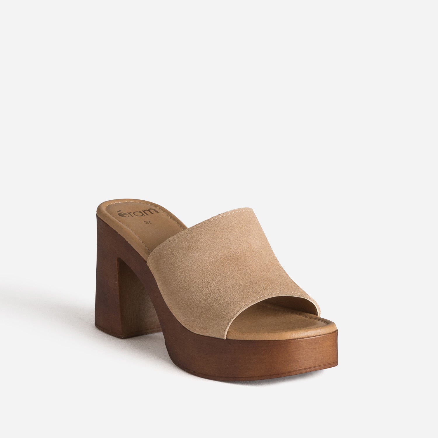 Mule beige cuir velours semelle effet bois