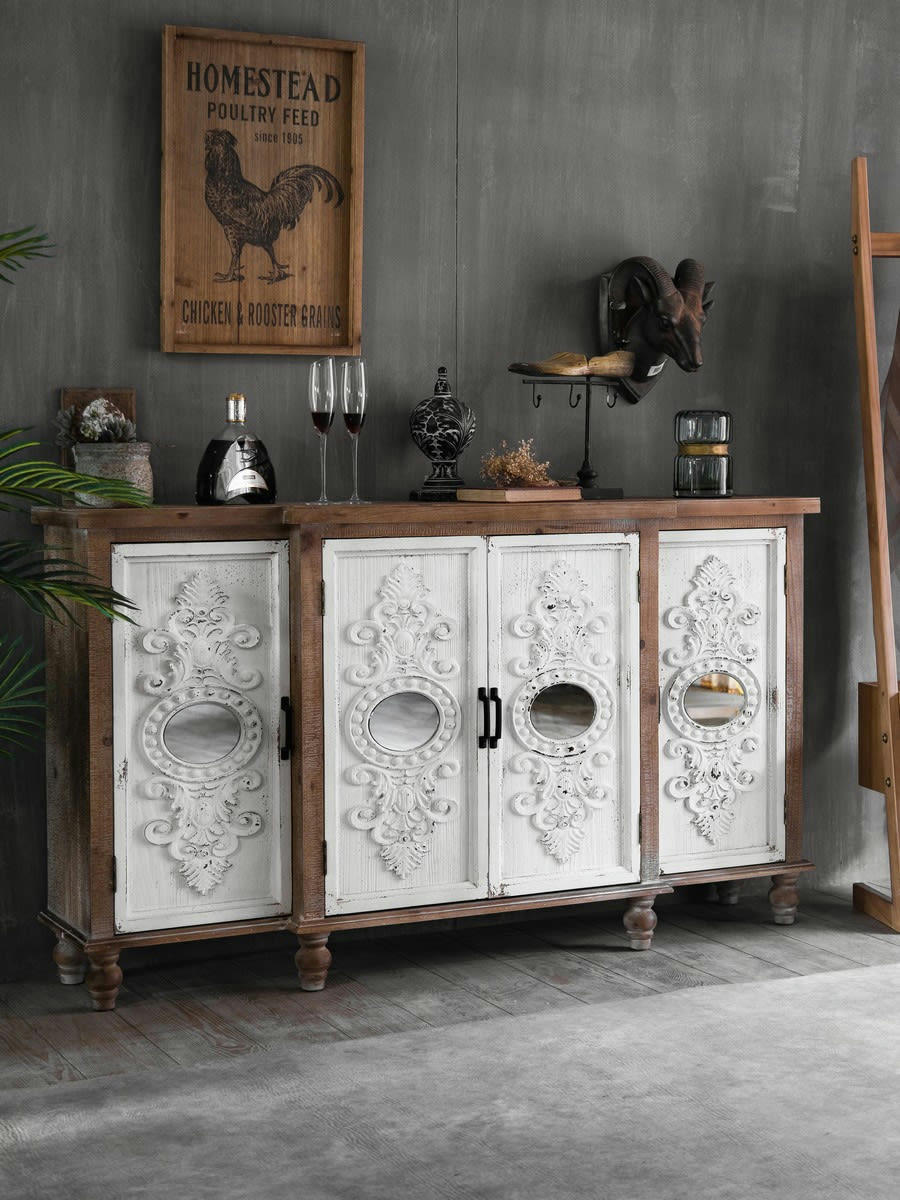 BOHEME - Buffet en sapin blanc patiné L154