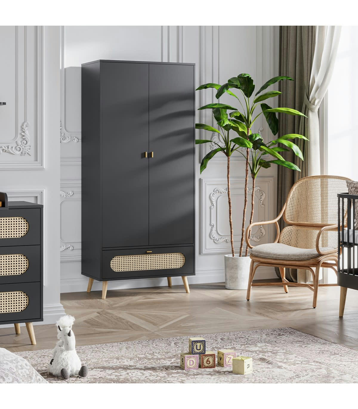 CANNE - Armoire 2 Portes et 1 Tiroir avec Cannage en Rotin L85cm