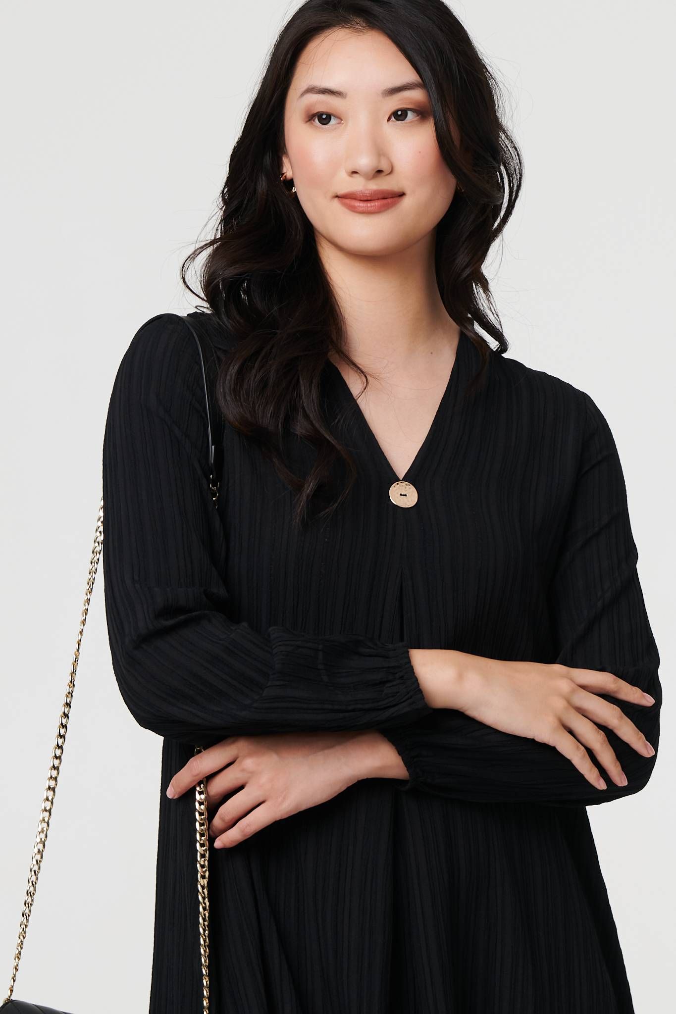 Izabel London Pleated V-Neck Long Sleeve Swing Dress