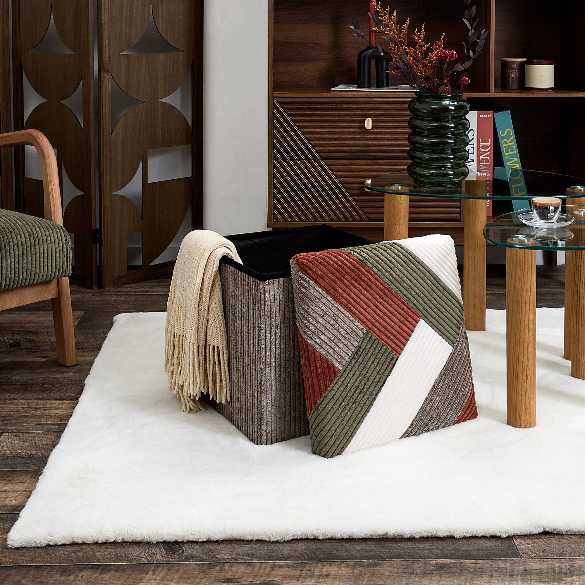 Coffre-pouf c&ocirc;telé pliable patchwork