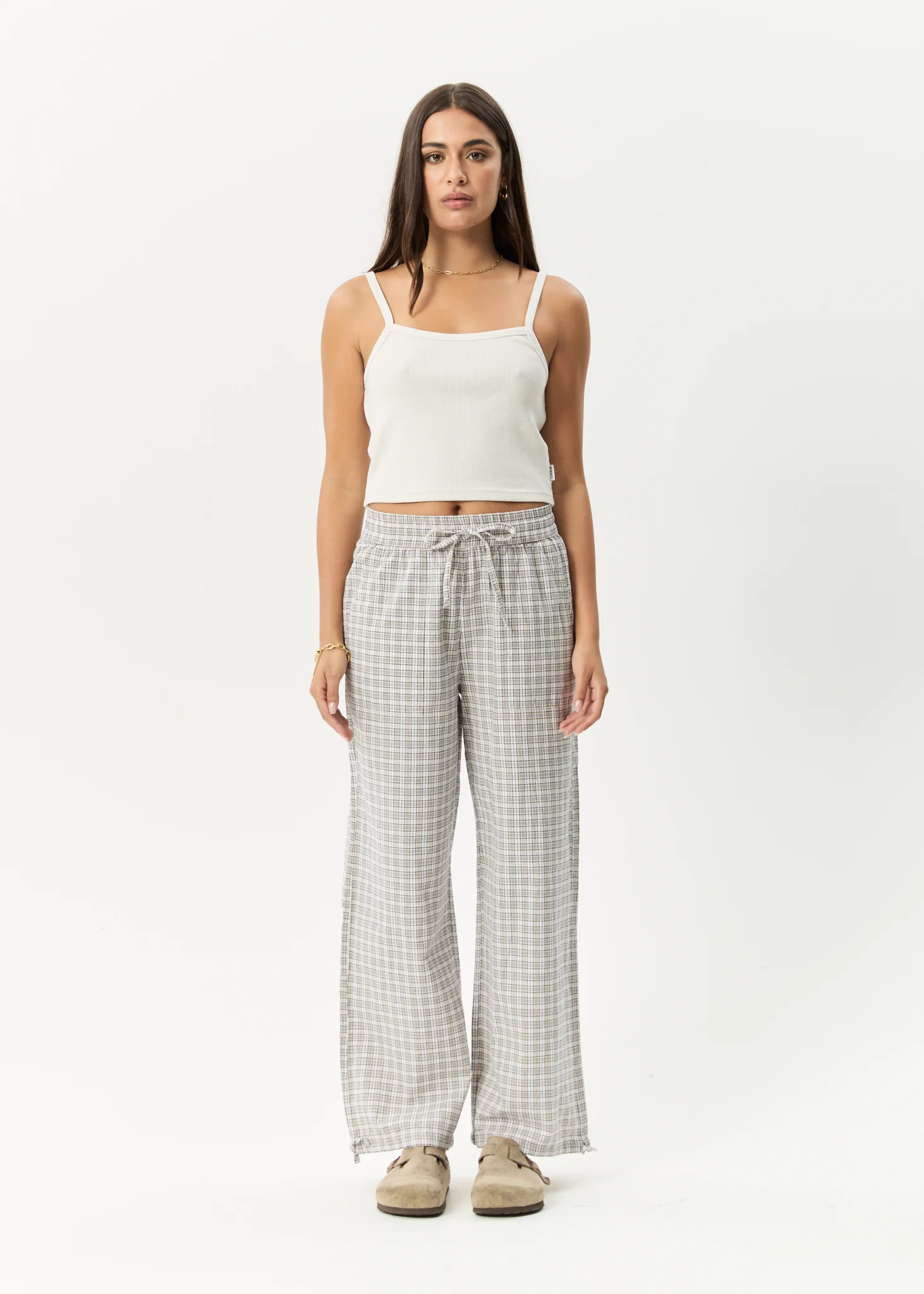 AFENDS Womens Drew - Seersucker Wide Leg Pant - Taupe Check