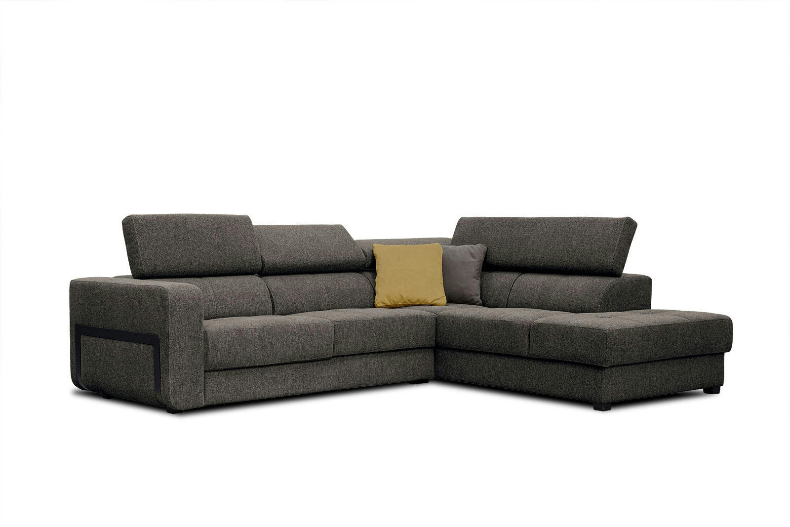 BERGO - Canapé d'angle droit 5 places en tissu marron avec coussins déco