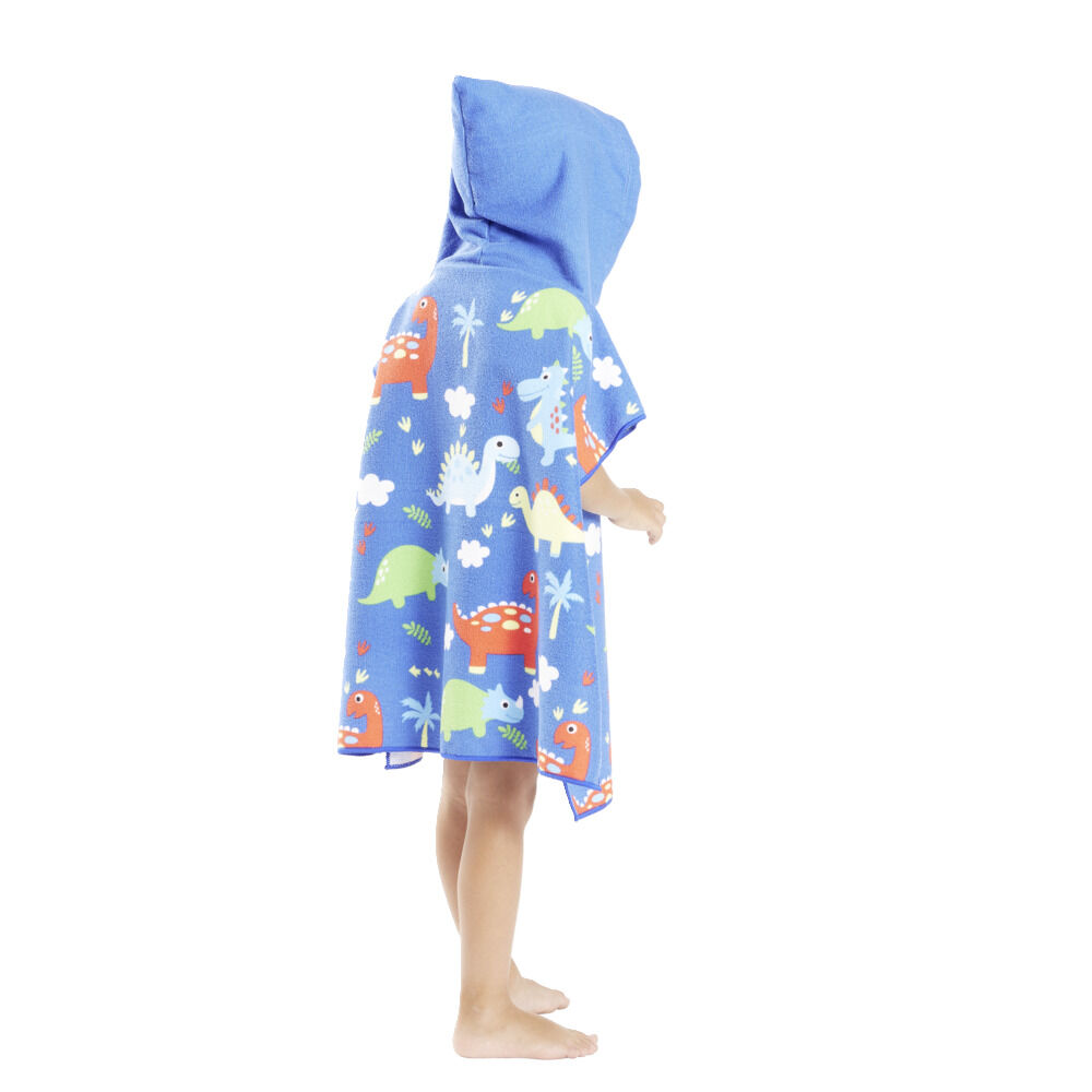 Poncho capuche sortie de plage enfant motif dino bleu 60x60xH120cm