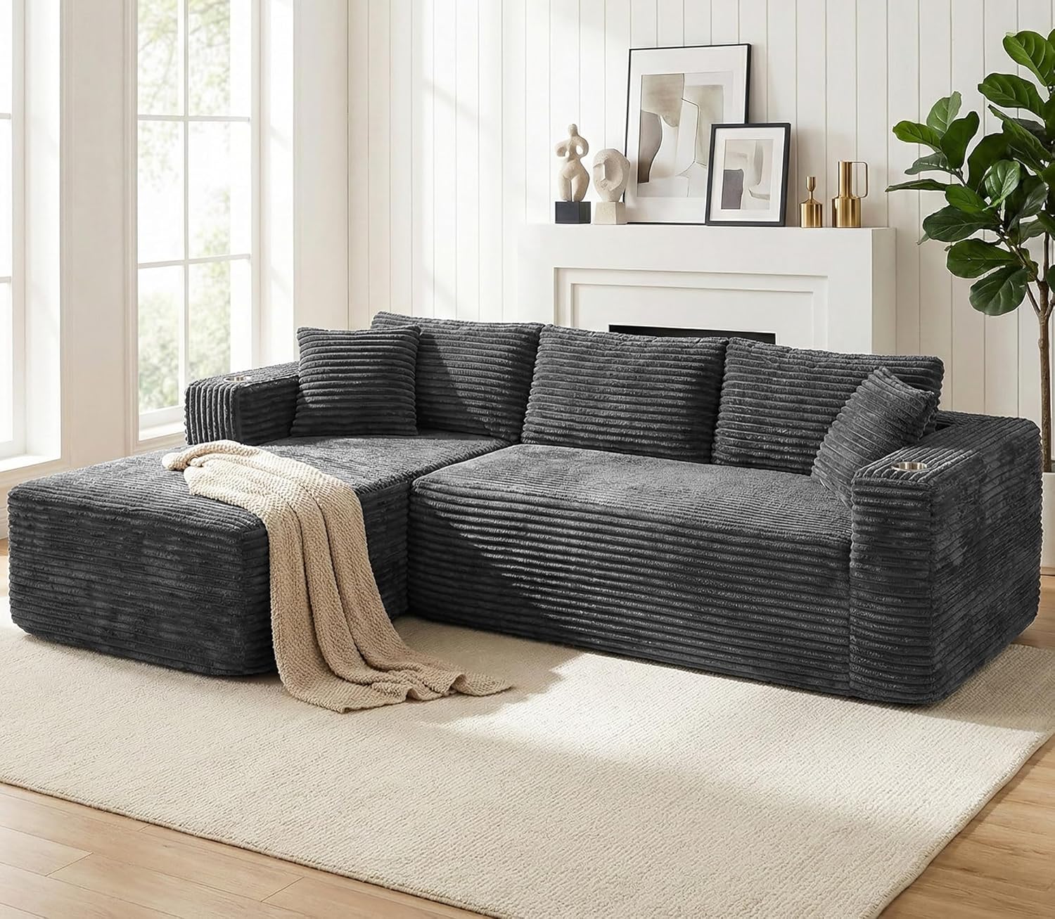 Vongrasig 103 Boneless Couches for Living Room,Sectional Couches Modular Sofa with L-Shaped Chaise, Memory Foam Comfy Cloud Couch with Plush Corduroy Fabric, No Assembly Required, Dark Grey