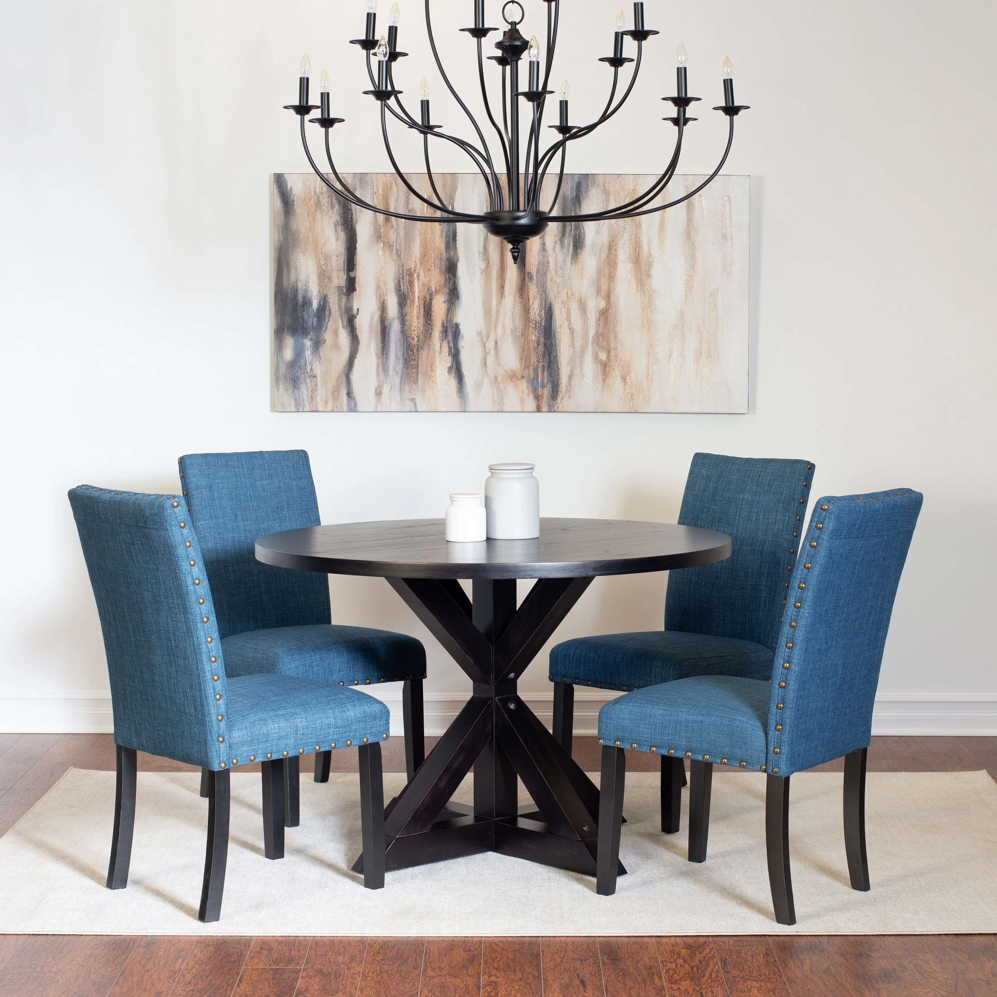 5 Piece Round Dining Table Set, Farmhouse Trestle Kitchen Table with 4 Nailhead Sloid Back Upholstered Chairs, for Living Room