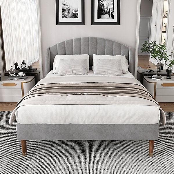 Lit Double 140x200 cm - Lit Rembourré ado - Velours - Sans Matelas - Gris