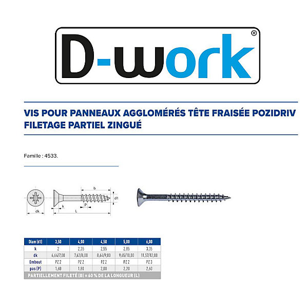 500 Vis Bois Tête Fraisée Pozidriv F/Partiel 4.5 x 45 mm - Zingué blanc - D-Work