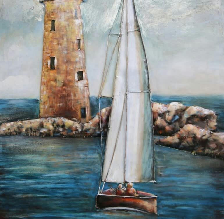 MÉTAL BRASS - Tableau relief en métal phare et voilier 80x60
