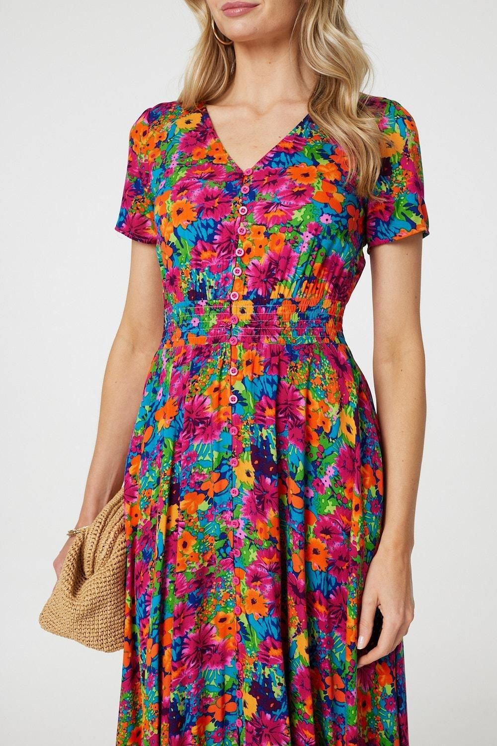 Izabel London Floral V-Neck Short Sleeve Maxi Dress