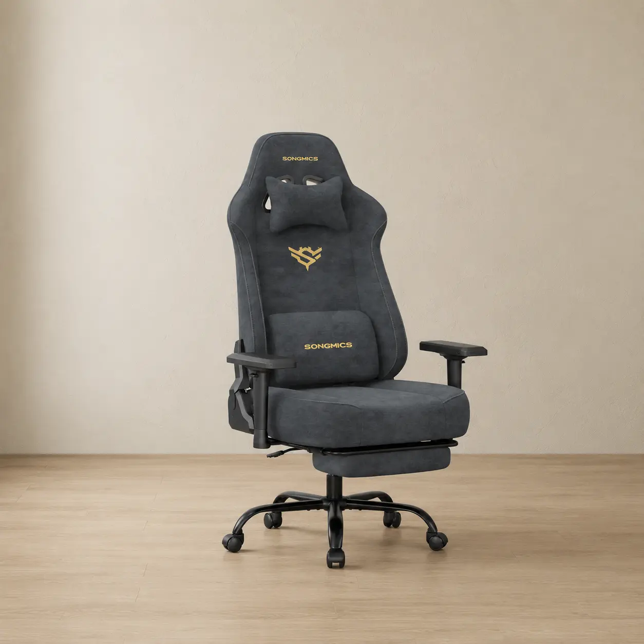 Chaise gamer en tissu suédine avec accoudoirs 4D et repose-pieds