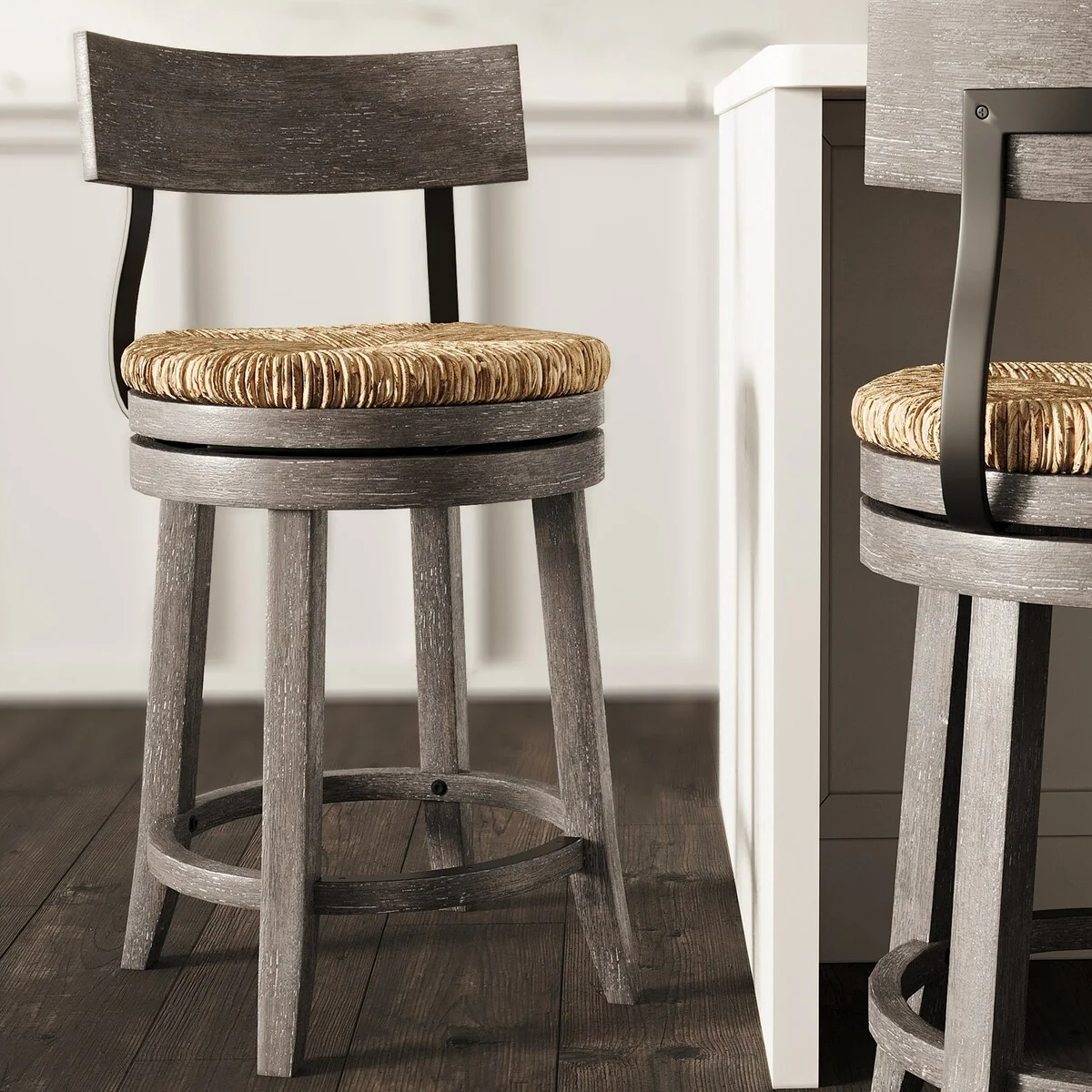 Farmhouse Swivel Wood and Steel Bar Stool with Natural Seagrass Seat