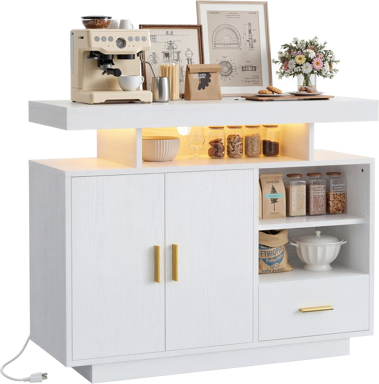 IRONCK Buffet Cabinet, Coffee Bar Cabinet with Power Outlet and LED Light, Sideboard with Drawer, Storage Cabinet with Doors and Shelves for Kitchen, White