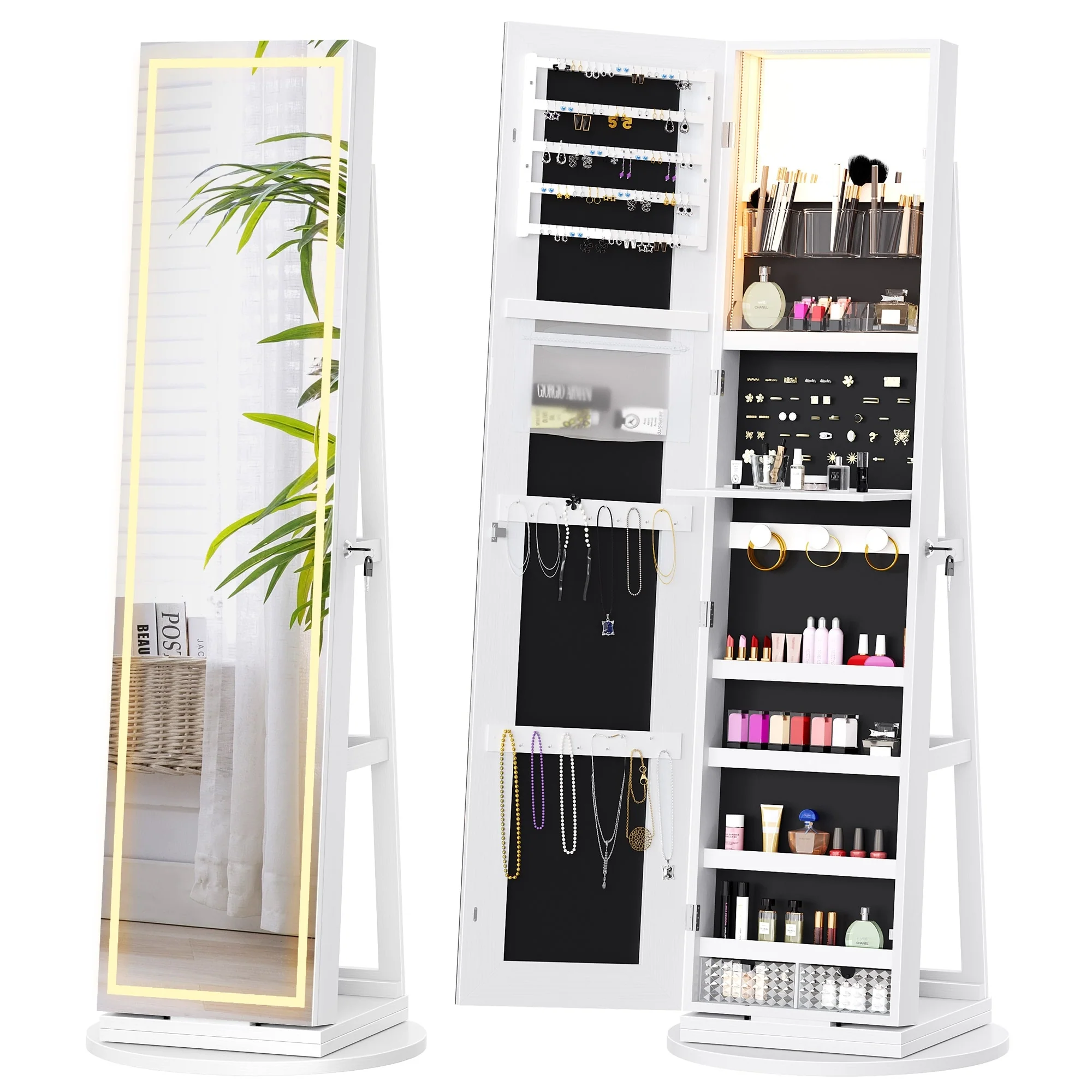 Moasis 360 Degree Rotatable Jewelry Cabinet with Full-Length Mirror and LED Lights