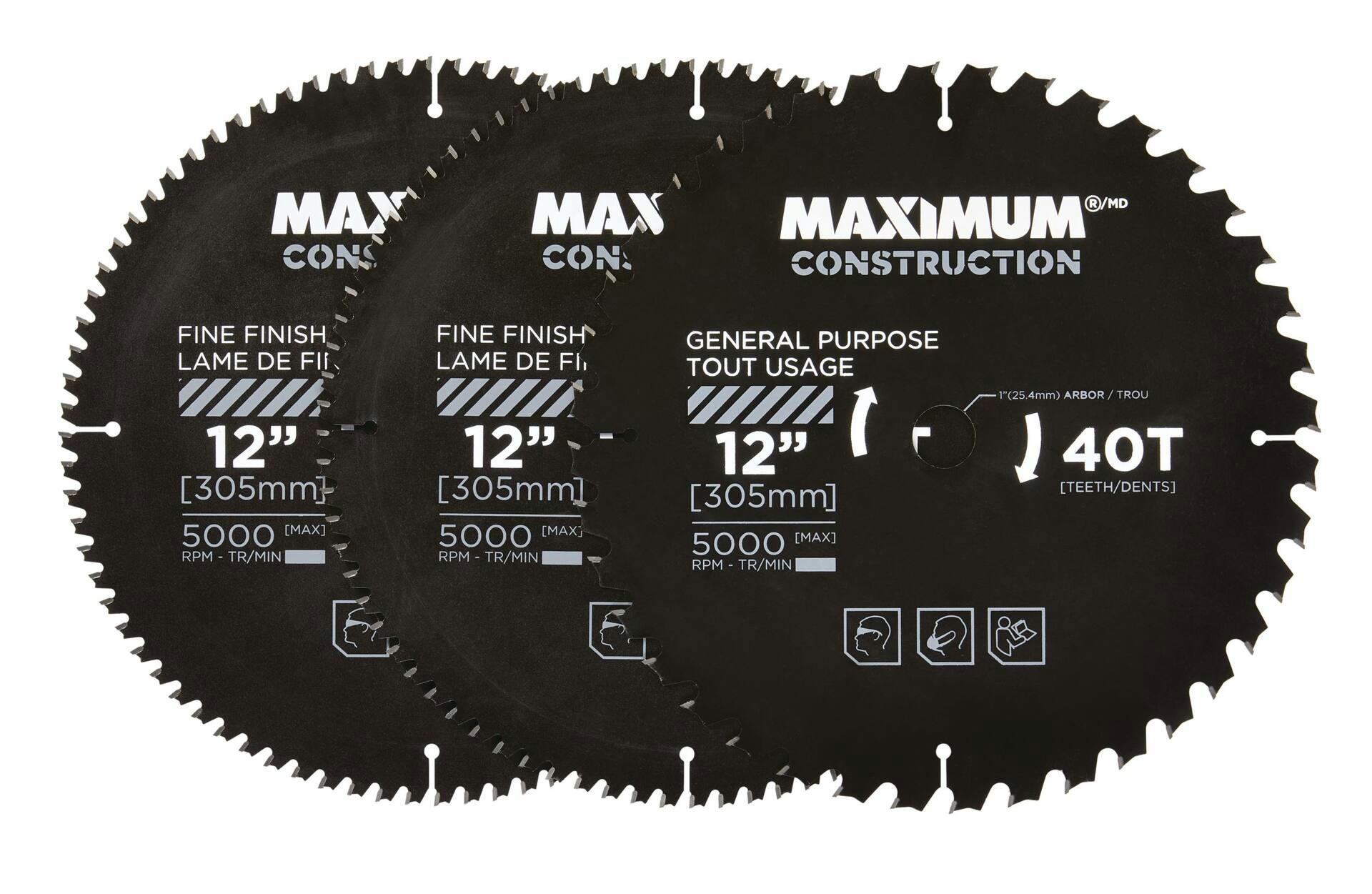MAXIMUM 12-in 40/80T Carbide Tipped Circular Saw Blade Set for Wood, 3-pc