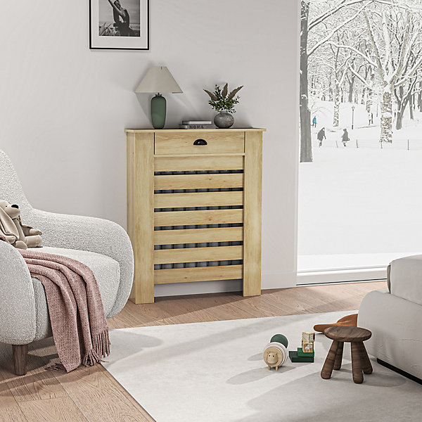 Cache-radiateur design panneau avec tiroir lattes horizontales dim. 78 x 19 x 95 cm effet bois clair