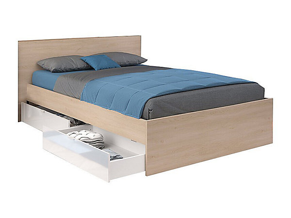 Lit avec 2 tiroirs 140 x 190 cm - Coloris : Naturel et blanc brillant - VELONA