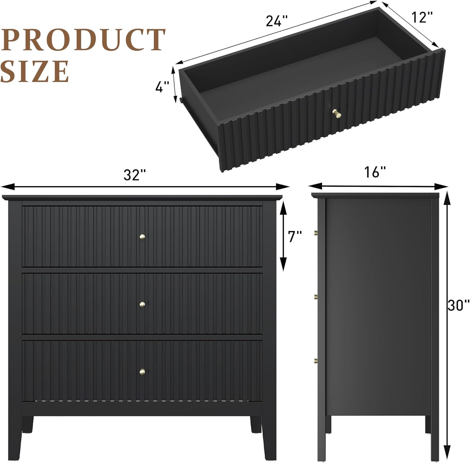 RoyalCraft 32 Large Nightstand Set of 2, Fluted Painted Bedside Table with 3 Spacious Drawers, Modern Tall End Table for Bedroom, Black