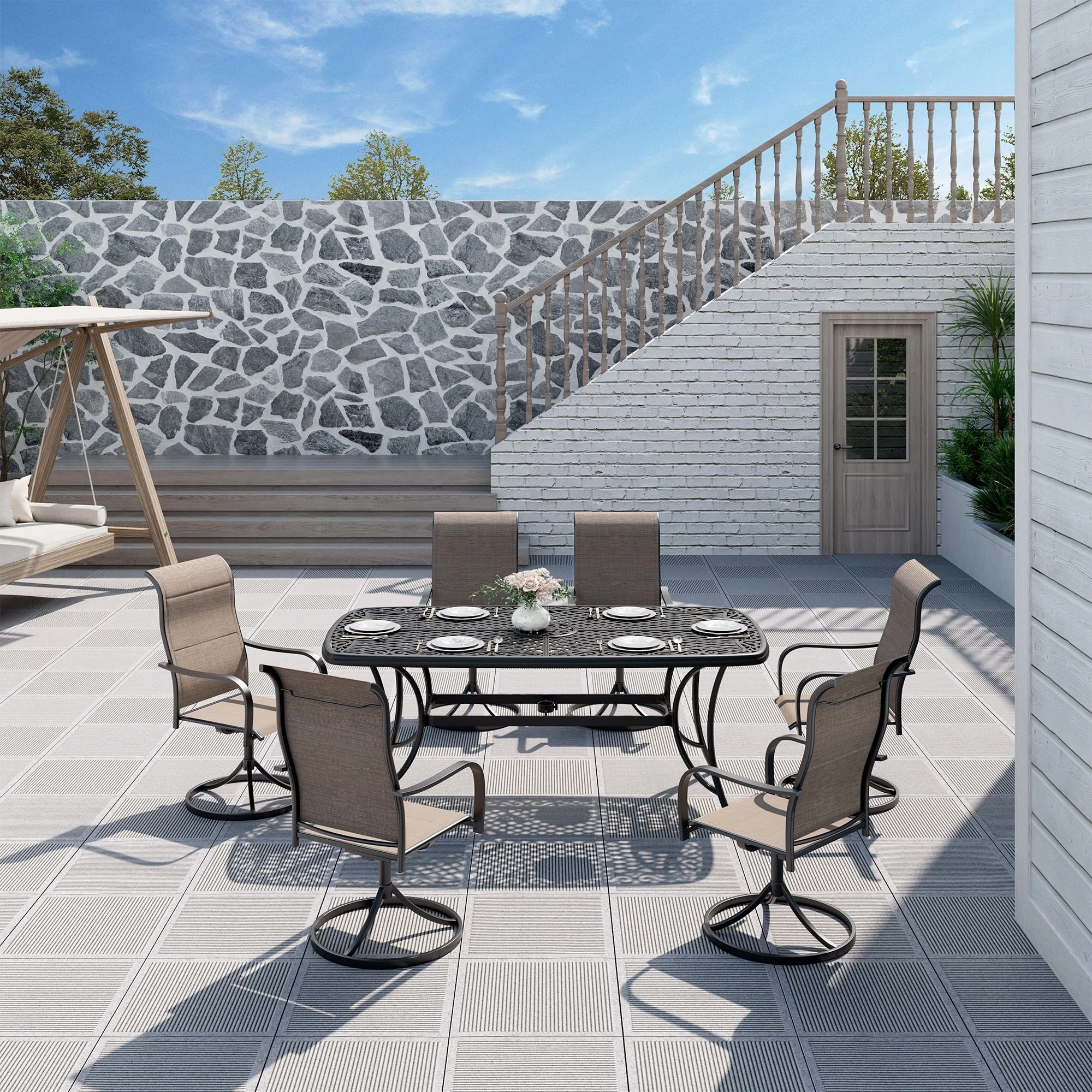 Clihome Outdoor Table Cast Aluminum Dining Rectangular Table