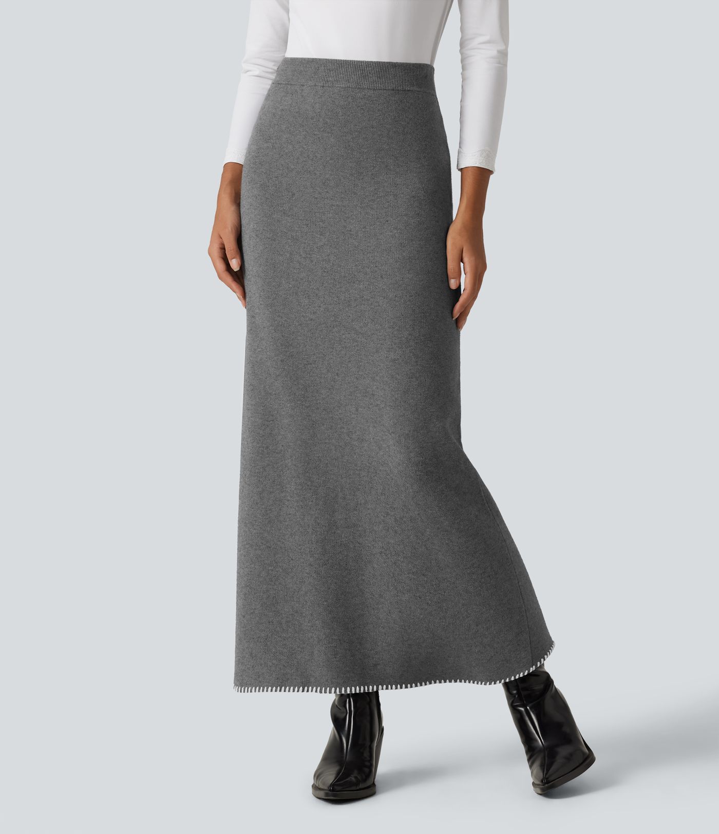 Jupe crayon midi de bureau en maille taille haute fendue