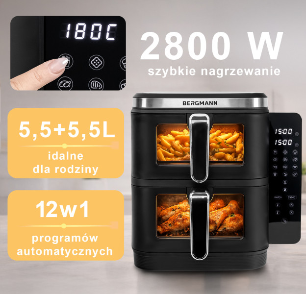 Frytkownica Beztłuszczowa 2x5,5L BERGMANN AirFryer 2800W 12 Programów
