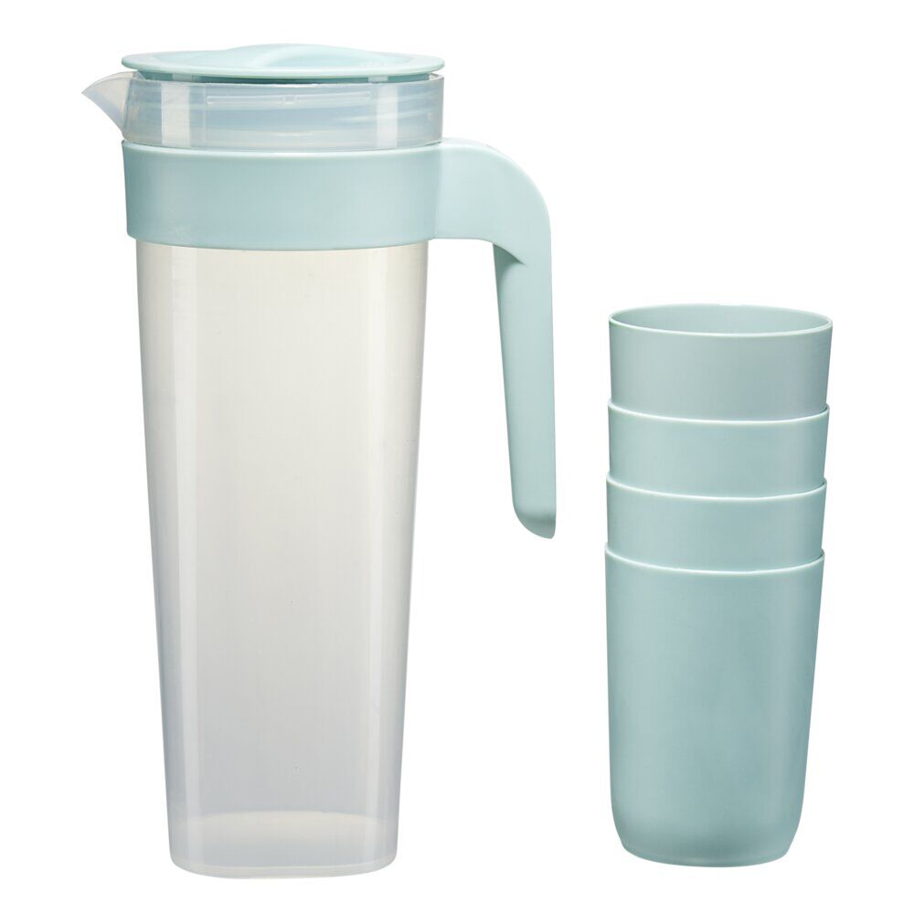 Pichet pique-nique avec 4 verres en plastique Ø10xH24,5cm (2 modèles)
