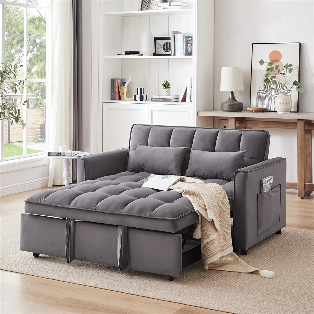 3-in-1 Modern Convertible Velvet Double Futon Sofa Bed with 2 Pillows
