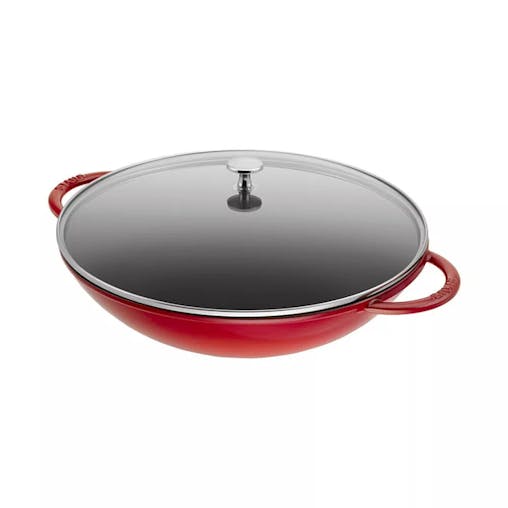 Staub Enamelled 37cm Cast Iron Wok w/ Rack Insert & Glass Lid Red