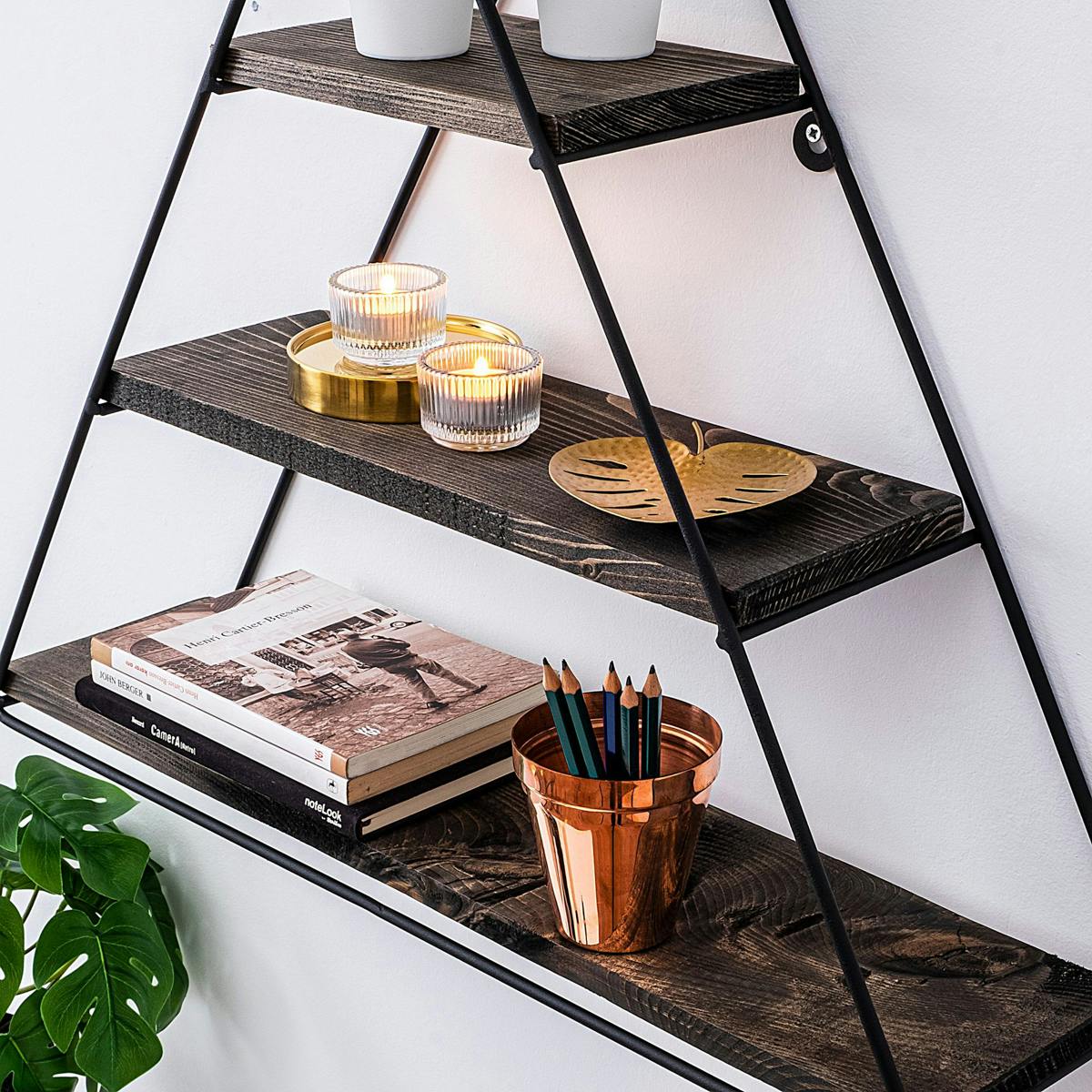 Etagère noire décorative triangle décor bois foncé JENA