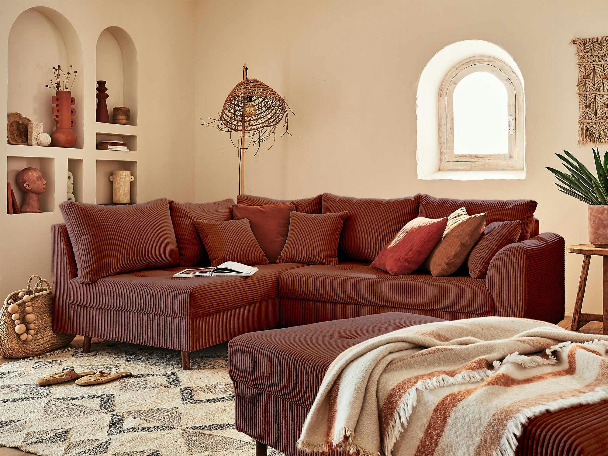 RUNE - Canapé d'angle gauche convertible 4 places en velours côtelé