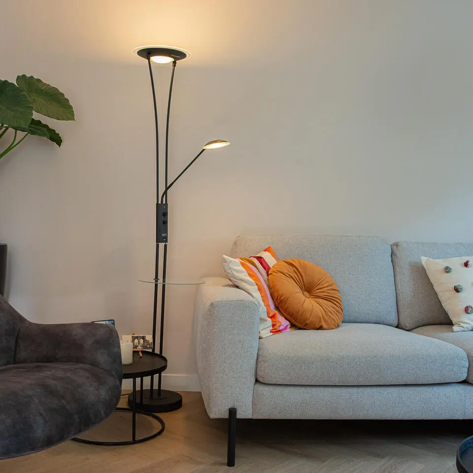 Qazqa staande lamp met leesarm sevilla zwart ge?ntegreerde led